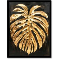 Artery8 Plant Lover Golden Monstera Leaf Dark Painting Framed Art Print in Gold | Size: W12" x H16"