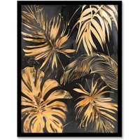 Artery8 Golden Monstera Leaf Palm Frond Dark Plant Lover Framed Art Print in Gold | Size: W12" x H16"
