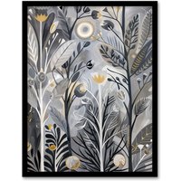 Artery8 Wildflower Meadow Grey Orange Botanical Folk Art Framed Art Print | Size: W12" x H16"