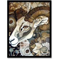 Artery8 Bighorn Sheep Abstract Floral Patter Folk Art Framed Art Print in Brown | Size: W12" x H16"