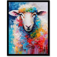 Artery8 Colourful Sheep Fun Animal Portrait Oil Painting Framed Art Print | Size: W12" x H16"