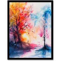 Artery8 Autumn Forest Sunrise Dream Watercolour Painting Framed Art Print | Size: W12" x H16"