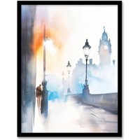 Artery8 Misty Edinburgh Sunrise Bright Watercolour Framed Art Print in White | Size: W12" x H16"