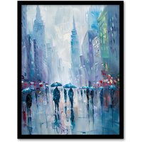 Artery8 Rainy New York Abstract Cityscape Oil Painting Framed Art Print in Blue | Size: W12" x H16"