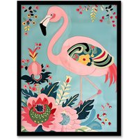Artery8 Flamingo Exotic Flowers Pattern Vintage Style Framed Art Print in Pink | Size: W12" x H16"