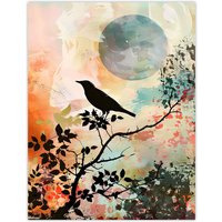 Artery8 Bird in Tree Sunset Artwork Calm Peaceful Nature Wall Art Print | Size: W12" x H16"