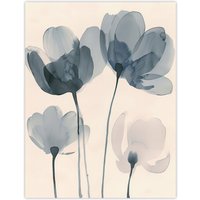 Artery8 Soft Black White Light Watercolour Poppy Flowers Wall Art Print in Blue | Size: W12" x H16"