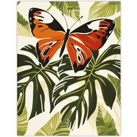 Artery8 Orange Monarch Butterfly on Monstera Plant Design Wall Art Print in Green | Size: W12" x H16"