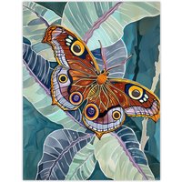 Artery8 Butterfly on Palm Leaf Painting Tropical Exotic Wall Art Print in Blue | Size: W12" x H16"