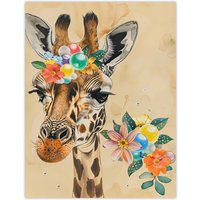 Artery8 Floral Beads Cute Giraffe Headband Collage Wall Art Print in Beige | Size: W12" x H16"