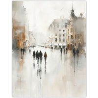 Artery8 Rainy Day in the City Painting Grey Cityscape Wall Art Print in Off-White | Size: W12" x H16"