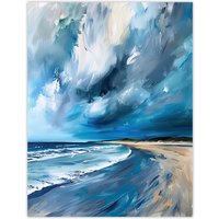 Artery8 Scottish Sandy Bay Oil Painting Stormy Sky Blue Wall Art Print | Size: W12" x H16"