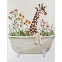 Artery8 Cute Boho Giraffe in Bathtub Filled with Flowers Wall Art Print in Beige | Size: W12" x H16"