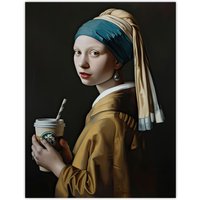 Artery8 Girl With Pearl Earring Coffee Remake Painting Wall Art Print in Black | Size: W12" x H16"