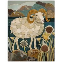 Artery8 Rocky Mountain Bighorn Sheep Mosaic Floral Wall Art Print in Brown | Size: W12" x H16"