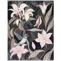 Artery8 Lily Flowers & Hummingbird Stylised Painting Wall Art Print in Grey | Size: W12" x H16"