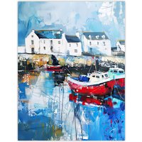 Artery8 Boats Harbour Coastal Townscape Oil Painting Wall Art Print in Blue | Size: W12" x H16"