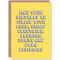 Artery8 Women's Greeting Card Cake Drinks & Poor Decisions Funny Bright Birthday in Yellow