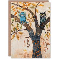 Artery8 Two Kittens on an Autumn Tree Folk Art Cat Lover Birthday Art Card in Beige