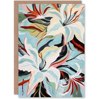 Artery8 Oriental Lily Flower Bouquet Abstract Floral Birthday Art Card in Blue