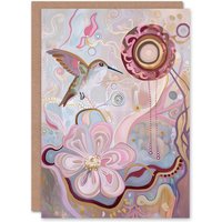 Artery8 Folk Art Hummingbird with Pink Abstract Flowers Birthday Art Card