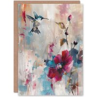 Artery8 Hummingbird & Zinnia Flower Blooms Oil Painting Birthday Art Card