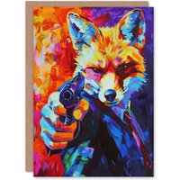 Artery8 Fox Secret Agent Vibrant Conceptual Art Portrait Birthday Art Card in Orange