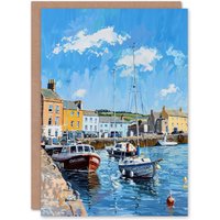 Artery8 St Andrews Harbour Boats Seaside Town Painting Birthday Art Card in Blue