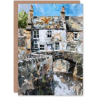 Artery8 North Yorkshire Village Medieval Bridge Painting Birthday Art Card in Grey