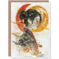 Artery8 Otaku Female Samurai Watercolour Portrait Birthday Art Card in Beige