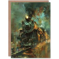 Artery8 Steam Train on Tracks Modern Painting Dark Birthday Art Card in Blue