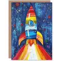 Artery8 Rainbow Rocket Blast Off-Space Painting Colourful Birthday Art Card in Blue