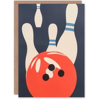 Artery8 Bowling Ball Strike Knocked Pins Sport Fun Birthday Art Card in Orange