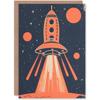 Artery8 Red Rocket Spaceship Launch Retro Style Design Birthday Art Card