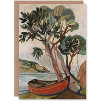 Artery8 Tree Boat in Robin Hood's Bay Yorkshire Painting Birthday Art Card in Brown