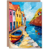 Artery8 Colourful Houses Boat English Seaside Town Birthday Art Card