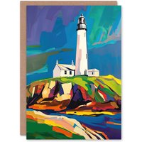 Artery8 St Mary's Lighthouse Northen Lights Sky Colourful Birthday Art Card