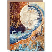 Artery8 Full Moon Great Ocean Wave Modern Art Gold Birthday Art Card in Brown