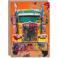 Artery8 Colourful Truck Lorry Front Hippy Trippy Trucker Birthday Art Card in Orange