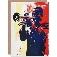 Artery8 Jazz Music Trumpet Player Portrait Graphic Design Birthday Art Card in Red