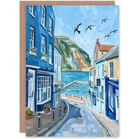 Artery8 West Bay Dorset England Sunny Day Painting Birthday Art Card in Blue