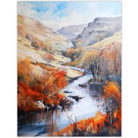 Artery8 Dovedale River Dove Autumn Landscape Oil Painting Wall Art Print in Orange | Size: W12" x H16"