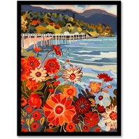 Artery8 Dunoon Pier Floral Scottish Seaside Spring Framed Art Print in Orange | Size: W12" x H16"