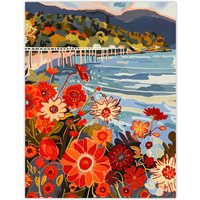Artery8 Dunoon Pier Floral Scottish Seaside Spring Wall Art Print in Orange | Size: W12" x H16"