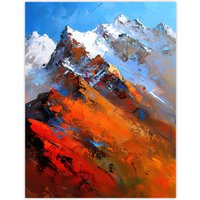 Artery8 Himalayan Mountain Range Palette Knife Painting Wall Art Print in Orange | Size: W24" x H32"