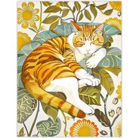 Artery8 Sleeping Orange Tabby Cat Lover Bright Floral Wall Art Print | Size: W12" x H16"