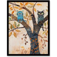 Artery8 Two Kittens on an Autumn Tree Folk Art Cat Lover Framed Art Print in Beige | Size: W12" x H16"