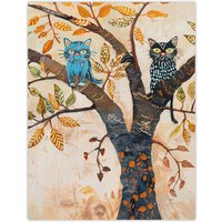Artery8 Two Kittens on an Autumn Tree Folk Art Cat Lover Wall Art Print in Beige | Size: W18" x H24"