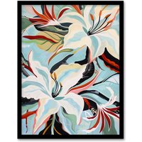 Artery8 Oriental Lily Flower Bouquet Abstract Floral Framed Art Print in Blue | Size: W12" x H16"