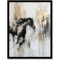 Artery8 Wild Horse Fantasy Black Gold Bright Oil Painting Framed Art Print in Grey | Size: A4
